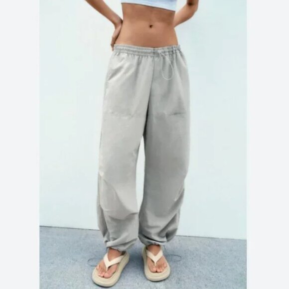 NWT ZARA NYLON PANTS WITH POCKETS BLUE GRAY - Picture 1 of 7